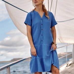 J. Jill SMALL Oversized Blue Crinkle Gauze Button Front Drop Waist Could Fit Med